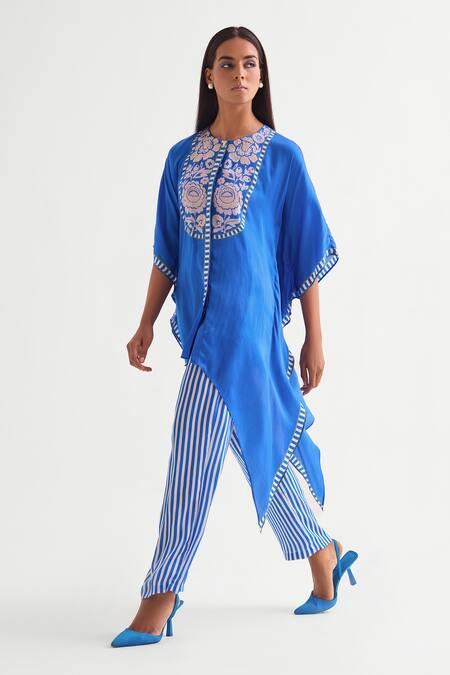 Buy_Namrata Joshipura_Blue Satin, Cotton Embroidery, Beads Round Neck Floral Asymmetric Tunic Set _Online_at_Aza_Fashions