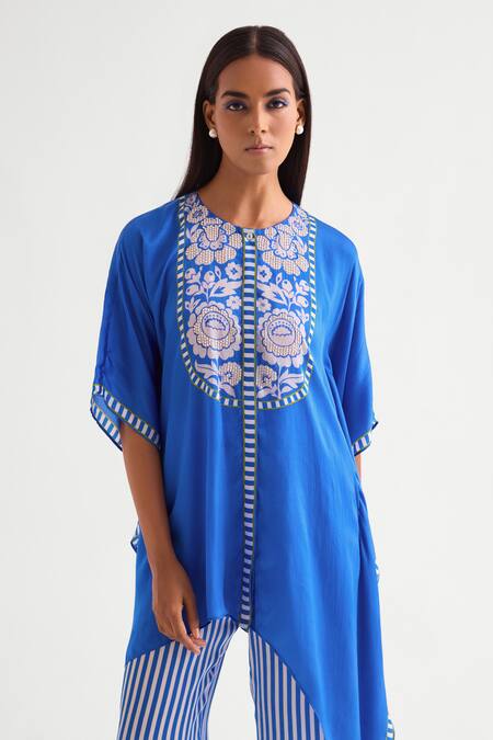 Shop_Namrata Joshipura_Blue Satin, Cotton Embroidery, Beads Round Neck Floral Asymmetric Tunic Set _Online_at_Aza_Fashions