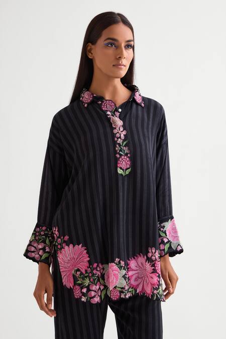 Buy_Namrata Joshipura_Black Crepe Embroidery Collared Floret Tunic And Pant Set _Online_at_Aza_Fashions