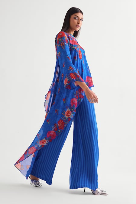 Namrata Joshipura_Blue Georgette Sequins Round Neck Asymmetric Floret Embroidered Tunic And Pant Set _Online_at_Aza_Fashions
