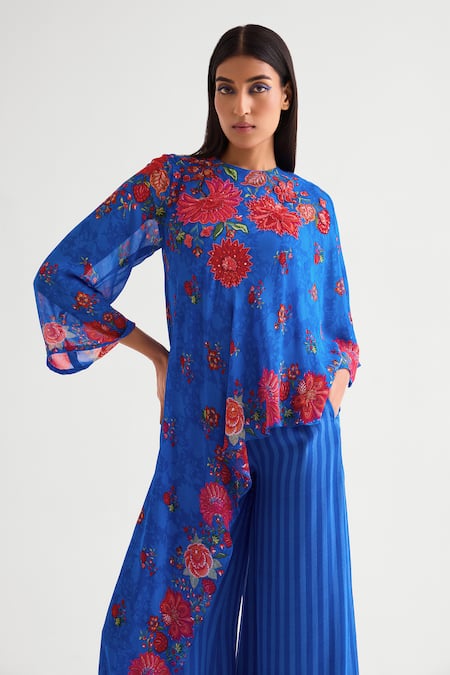 Buy_Namrata Joshipura_Blue Georgette Sequins Round Neck Asymmetric Floret Embroidered Tunic And Pant Set _Online_at_Aza_Fashions
