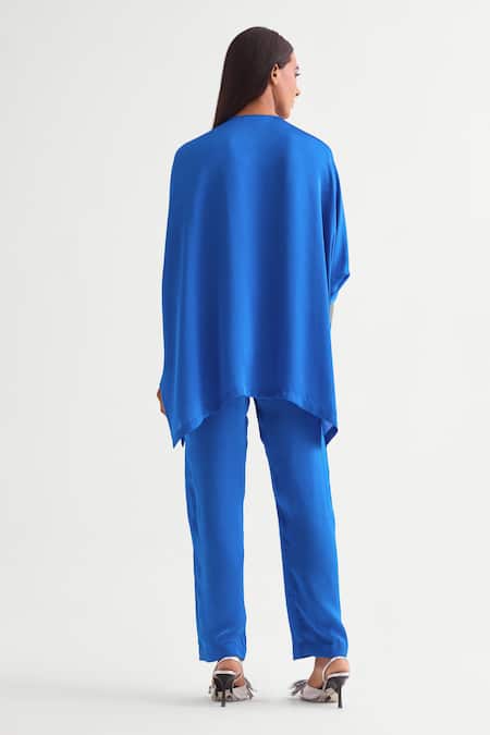 Shop Namrata Joshipura Blue Satin Sequins, Embroidery Round Neck Asymmetric Floral Tunic Set at Aza Fashions Shop_Namrata Joshipura_Blue Satin Sequins, Embroidery Round Neck Asymmetric Floral Tunic Set _at_Aza_Fashions