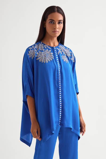 Namrata Joshipura Blue Satin Sequins, Embroidery Round Neck Asymmetric Floral Tunic Set Online at Aza Fashions Namrata Joshipura_Blue Satin Sequins, Embroidery Round Neck Asymmetric Floral Tunic Set _Online_at_Aza_Fashions