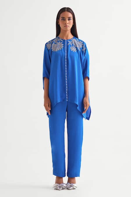 Buy Namrata Joshipura Blue Satin Sequins, Embroidery Round Neck Asymmetric Floral Tunic Set Online at Aza Fashions Buy_Namrata Joshipura_Blue Satin Sequins, Embroidery Round Neck Asymmetric Floral Tunic Set _Online_at_Aza_Fashions