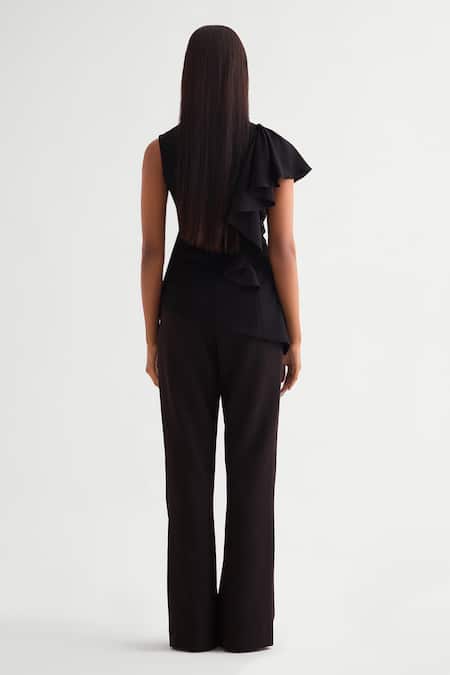 Shop_Namrata Joshipura_Black Crepe Embroidery Round Neck Peplum Top And Pant Set _at_Aza_Fashions