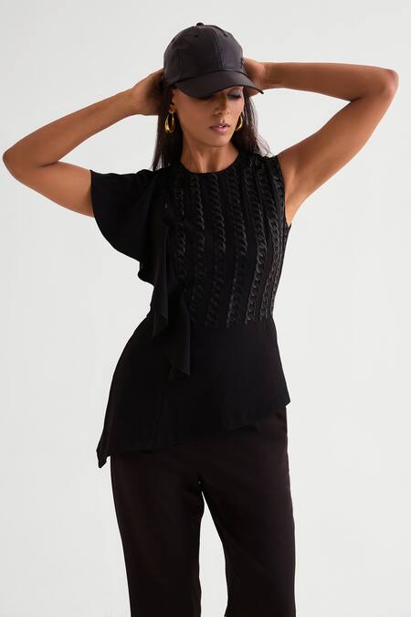 Buy_Namrata Joshipura_Black Crepe Embroidery Round Neck Peplum Top And Pant Set _Online_at_Aza_Fashions