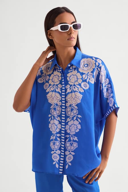 Namrata Joshipura Blue Satin Embroidery, Beads Collared Floral Shirt And Pant Set Online at Aza Fashions Namrata Joshipura_Blue Satin Embroidery, Beads Collared Floral Shirt And Pant Set _Online_at_Aza_Fashions
