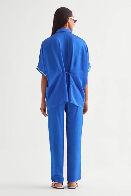 Buy Namrata Joshipura Blue Satin Embroidery, Beads Collared Floral Shirt And Pant Set Online at Aza Fashions Buy_Namrata Joshipura_Blue Satin Embroidery, Beads Collared Floral Shirt And Pant Set _Online_at_Aza_Fashions