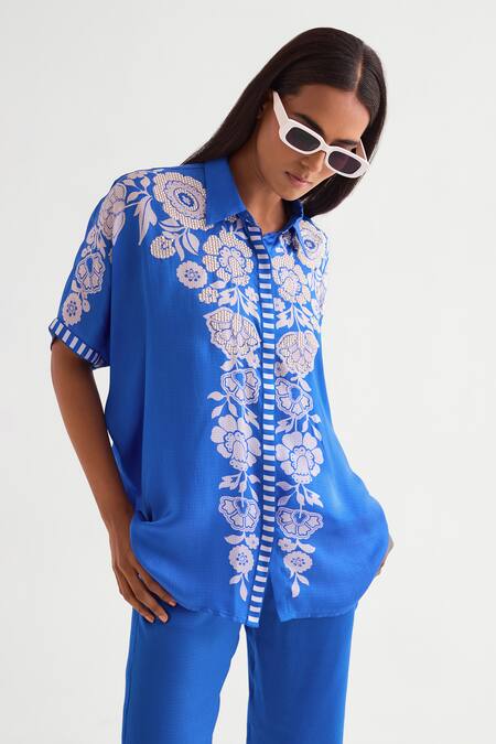 Shop Namrata Joshipura Blue Satin Embroidery, Beads Collared Floral Shirt And Pant Set Online at Aza Fashions Shop_Namrata Joshipura_Blue Satin Embroidery, Beads Collared Floral Shirt And Pant Set _Online_at_Aza_Fashions