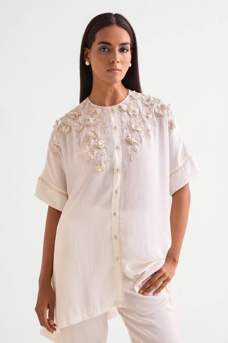 Namrata Joshipura_Ivory Satin Embroidery Round Neck Floral Asymmetric Tunic Set _Online_at_Aza_Fashions