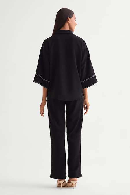Shop Namrata Joshipura Black Crepe Embroidery Collared Floral Shirt And Pant Set at Aza Fashions Shop_Namrata Joshipura_Black Crepe Embroidery Collared Floral Shirt And Pant Set _at_Aza_Fashions