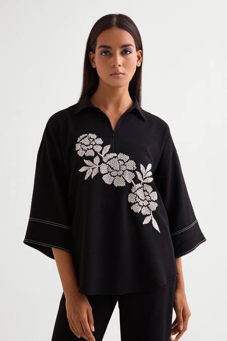 Namrata Joshipura Black Crepe Embroidery Collared Floral Shirt And Pant Set Online at Aza Fashions Namrata Joshipura_Black Crepe Embroidery Collared Floral Shirt And Pant Set _Online_at_Aza_Fashions