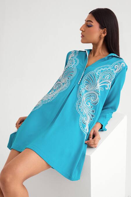 Namrata Joshipura Blue Georgette Cut Work Collared Sapphire Shirt Dress Online at Aza Fashions Namrata Joshipura_Blue Georgette Cut Work Collared Sapphire Shirt Dress _Online_at_Aza_Fashions