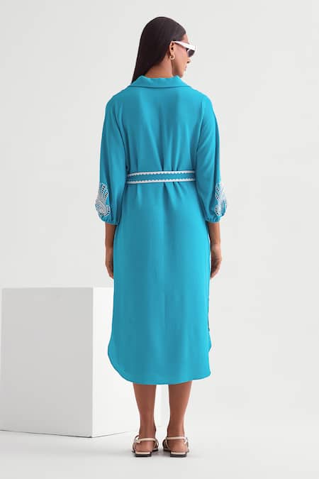 Shop_Namrata Joshipura_Blue Georgette Collared Sapphire Cutwork Midi Dress _at_Aza_Fashions