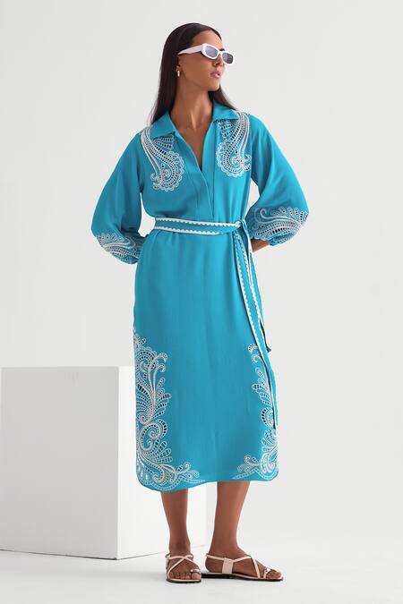 Namrata Joshipura_Blue Georgette Collared Sapphire Cutwork Midi Dress _Online_at_Aza_Fashions