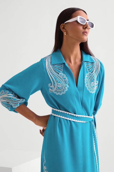 Buy_Namrata Joshipura_Blue Georgette Collared Sapphire Cutwork Midi Dress _Online_at_Aza_Fashions