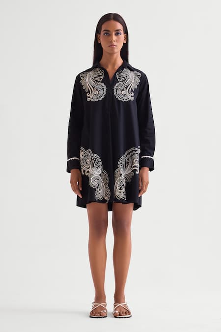 Shop Namrata Joshipura Black Poplin Collared Cutwork Shirt Dress at Aza Fashions Shop_Namrata Joshipura_Black Poplin Collared Cutwork Shirt Dress _at_Aza_Fashions