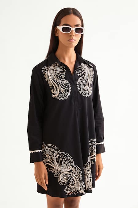 Namrata Joshipura Black Poplin Collared Cutwork Shirt Dress Online at Aza Fashions Namrata Joshipura_Black Poplin Collared Cutwork Shirt Dress _Online_at_Aza_Fashions