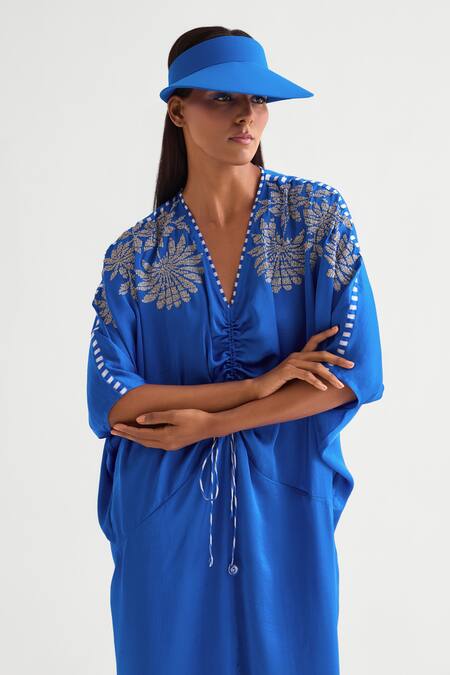 Buy Namrata Joshipura Blue Satin Sequins V-neck Asymmetric Floral Dress Online at Aza Fashions Buy_Namrata Joshipura_Blue Satin Sequins V-neck Asymmetric Floral Dress _Online_at_Aza_Fashions