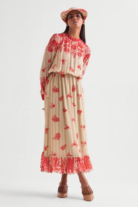 Namrata Joshipura Beige Georgette Sequins, Embroidery V-neck Floret Printed Dress Online at Aza Fashions Namrata Joshipura_Beige Georgette Sequins, Embroidery V-neck Floret Printed Dress _Online_at_Aza_Fashions