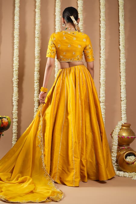 Shop_Ahi Clothing_Yellow Silk, Organza Mirrors, Zari, Mustard Lace Embroidered Lehenga Set _at_Aza_Fashions