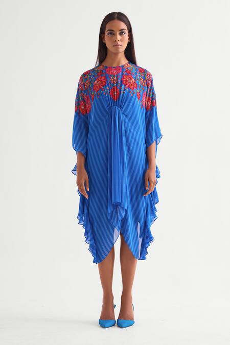 Namrata Joshipura_Blue Georgette Sequins, Embroidery Round Neck Floret Kaftan Dress _Online_at_Aza_Fashions