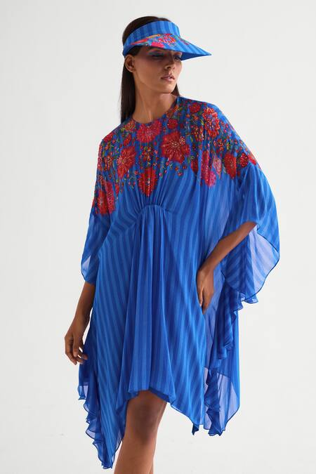 Buy_Namrata Joshipura_Blue Georgette Sequins, Embroidery Round Neck Floret Kaftan Dress _Online_at_Aza_Fashions