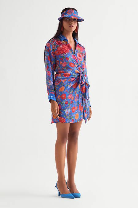 Namrata Joshipura_Blue Satin Sequins, Embroidery Collared Floret Print Wrap Dress _Online_at_Aza_Fashions