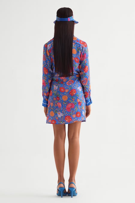 Shop_Namrata Joshipura_Blue Satin Sequins, Embroidery Collared Floret Print Wrap Dress _at_Aza_Fashions