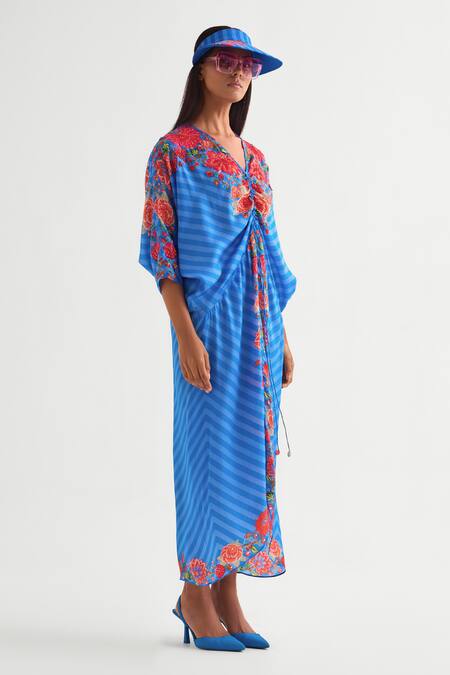 Namrata Joshipura_Blue Satin Sequins, Embroidery V-neck Floret Printed Midi Dress _Online_at_Aza_Fashions