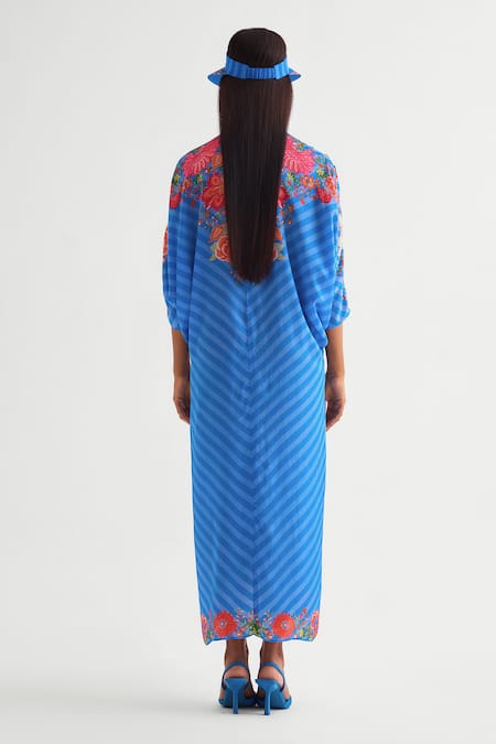 Shop_Namrata Joshipura_Blue Satin Sequins, Embroidery V-neck Floret Printed Midi Dress _at_Aza_Fashions