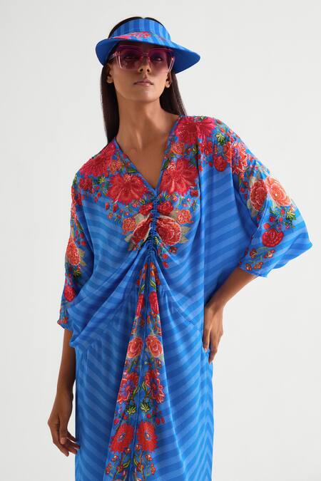 Buy_Namrata Joshipura_Blue Satin Sequins, Embroidery V-neck Floret Printed Midi Dress _Online_at_Aza_Fashions