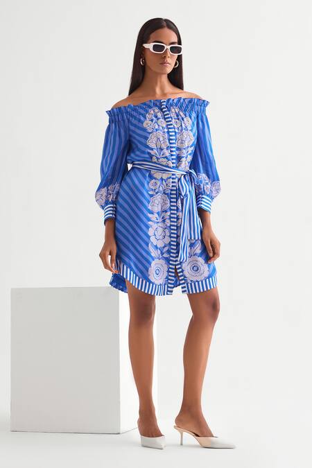 Namrata Joshipura Blue Satin Beads Off-shoulder Floral Embroidered Shirt Dress Online at Aza Fashions Namrata Joshipura_Blue Satin Beads Off-shoulder Floral Embroidered Shirt Dress _Online_at_Aza_Fashions