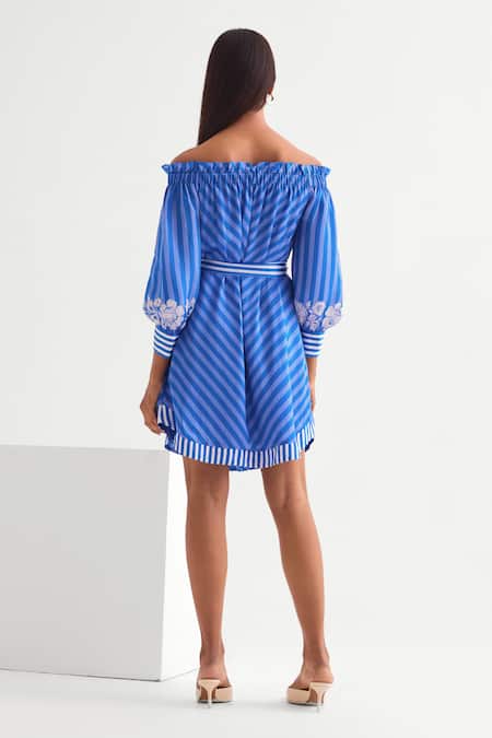 Shop Namrata Joshipura Blue Satin Beads Off-shoulder Floral Embroidered Shirt Dress at Aza Fashions Shop_Namrata Joshipura_Blue Satin Beads Off-shoulder Floral Embroidered Shirt Dress _at_Aza_Fashions