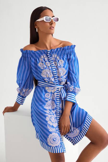 Buy Namrata Joshipura Blue Satin Beads Off-shoulder Floral Embroidered Shirt Dress Online at Aza Fashions Buy_Namrata Joshipura_Blue Satin Beads Off-shoulder Floral Embroidered Shirt Dress _Online_at_Aza_Fashions