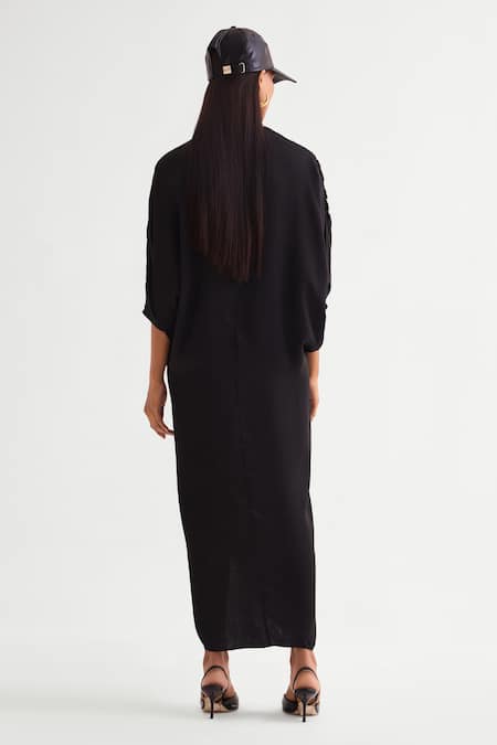 Shop Namrata Joshipura Black Satin Sequins V-neck Asymmetric Embellished Kaftan Dress at Aza Fashions Shop_Namrata Joshipura_Black Satin Sequins V-neck Asymmetric Embellished Kaftan Dress _at_Aza_Fashions