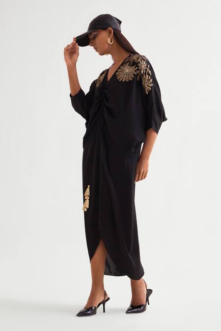 Namrata Joshipura Black Satin Sequins V-neck Asymmetric Embellished Kaftan Dress Online at Aza Fashions Namrata Joshipura_Black Satin Sequins V-neck Asymmetric Embellished Kaftan Dress _Online_at_Aza_Fashions