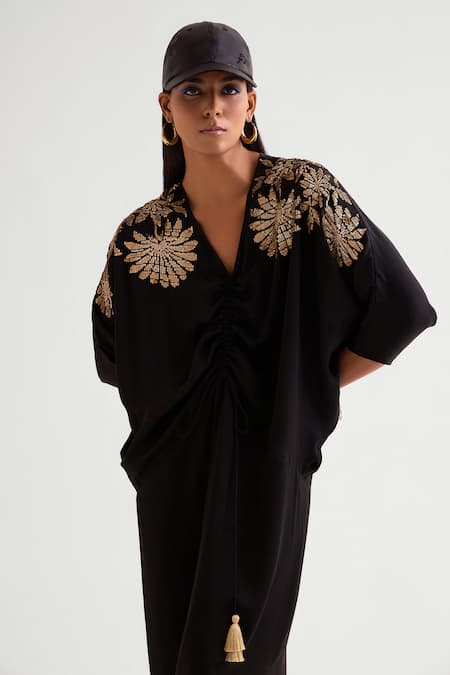 Buy Namrata Joshipura Black Satin Sequins V-neck Asymmetric Embellished Kaftan Dress Online at Aza Fashions Buy_Namrata Joshipura_Black Satin Sequins V-neck Asymmetric Embellished Kaftan Dress _Online_at_Aza_Fashions