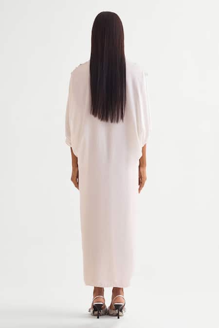 Shop Namrata Joshipura Ivory Satin V-neck 3d Flowers Embroidered Kaftan Dress at Aza Fashions Shop_Namrata Joshipura_Ivory Satin V-neck 3d Flowers Embroidered Kaftan Dress _at_Aza_Fashions