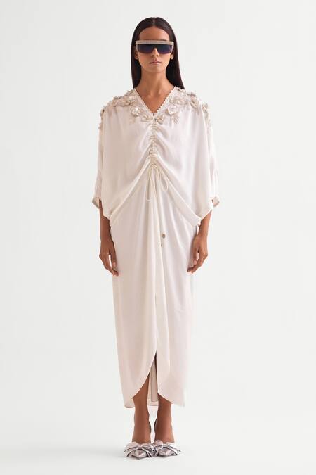 Namrata Joshipura Ivory Satin V-neck 3d Flowers Embroidered Kaftan Dress Online at Aza Fashions Namrata Joshipura_Ivory Satin V-neck 3d Flowers Embroidered Kaftan Dress _Online_at_Aza_Fashions