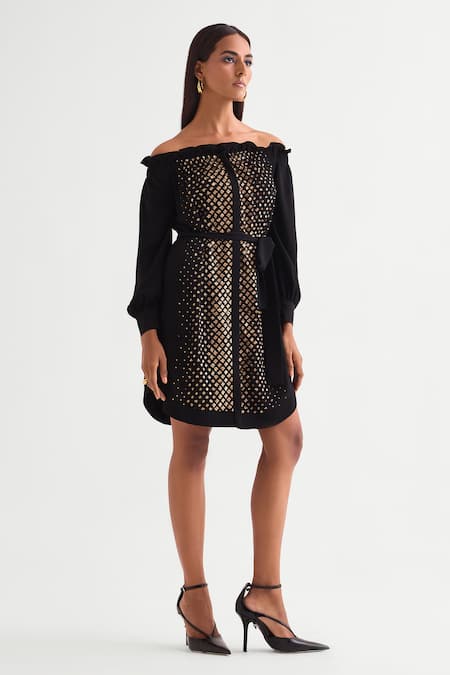 Namrata Joshipura Black Georgette Sequins Off-shoulder Off Dress Online at Aza Fashions Namrata Joshipura_Black Georgette Sequins Off-shoulder Off Dress _Online_at_Aza_Fashions