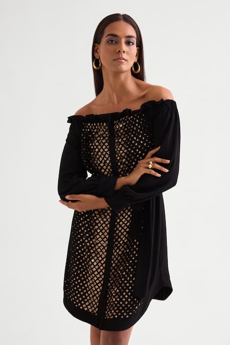 Buy Namrata Joshipura Black Georgette Sequins Off-shoulder Off Dress Online at Aza Fashions Buy_Namrata Joshipura_Black Georgette Sequins Off-shoulder Off Dress _Online_at_Aza_Fashions