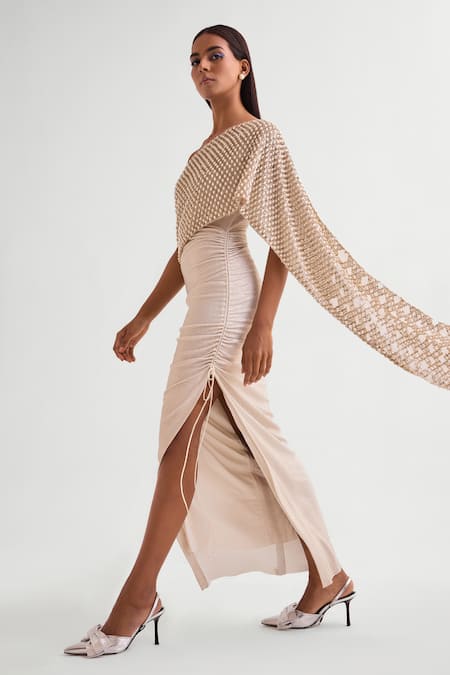 Namrata Joshipura_Ivory Jersey Pearls, Sequins Asymmetric Drops One Shoulder Gown _Online_at_Aza_Fashions