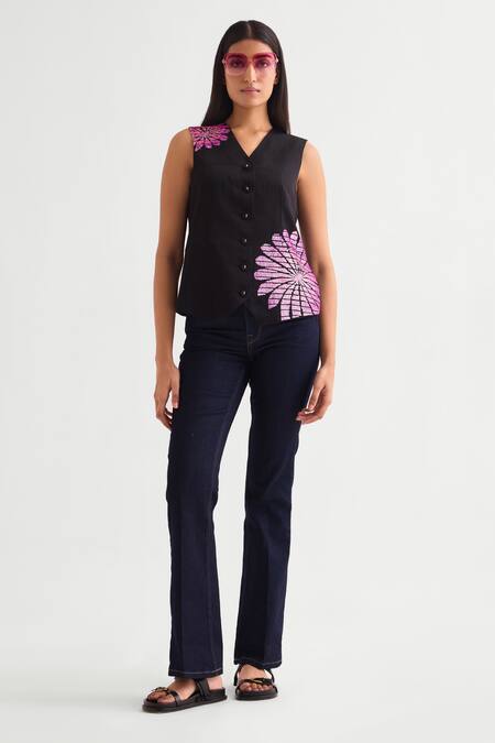 Buy Namrata Joshipura Black Linen, Satin V-neck Floral Embellished Vest Online at Aza Fashions Buy_Namrata Joshipura_Black Linen, Satin V-neck Floral Embellished Vest _Online_at_Aza_Fashions