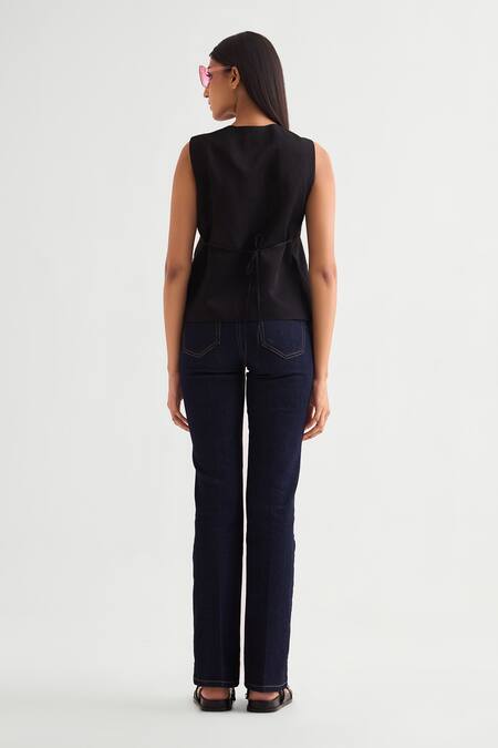 Shop Namrata Joshipura Black Linen, Satin V-neck Floral Embellished Vest at Aza Fashions Shop_Namrata Joshipura_Black Linen, Satin V-neck Floral Embellished Vest _at_Aza_Fashions