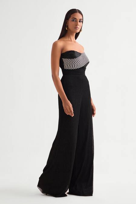 Namrata Joshipura_Black Crepe Beads, Cut Work Sweetheart Neck Cutdana Embellished Corset Jumpsuit _Online_at_Aza_Fashions