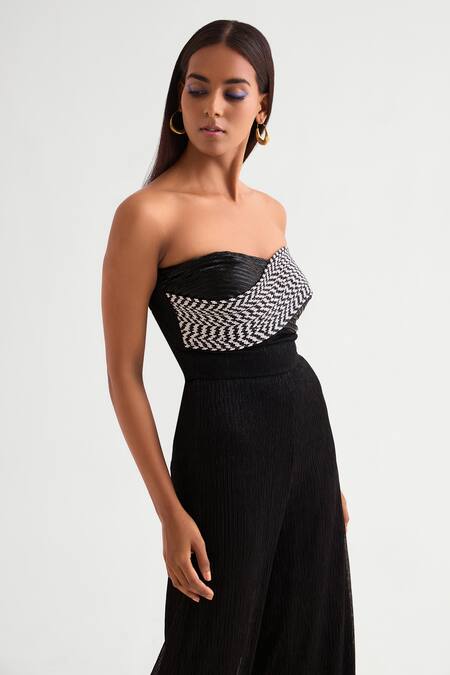 Buy_Namrata Joshipura_Black Crepe Beads, Cut Work Sweetheart Neck Cutdana Embellished Corset Jumpsuit _Online_at_Aza_Fashions