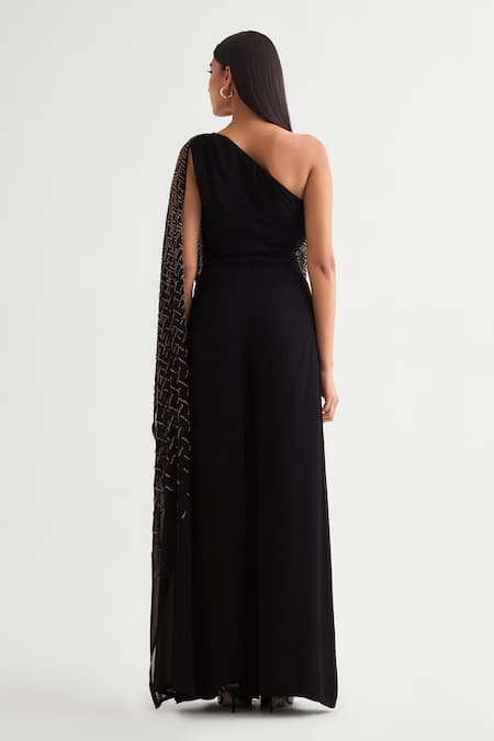 Shop Namrata Joshipura Black Georgette One Shoulder Geometric Pattern Jumpsuit at Aza Fashions Shop_Namrata Joshipura_Black Georgette One Shoulder Geometric Pattern Jumpsuit _at_Aza_Fashions