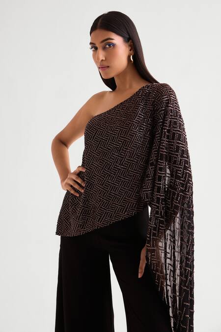 Namrata Joshipura Black Georgette One Shoulder Geometric Pattern Jumpsuit Online at Aza Fashions Namrata Joshipura_Black Georgette One Shoulder Geometric Pattern Jumpsuit _Online_at_Aza_Fashions