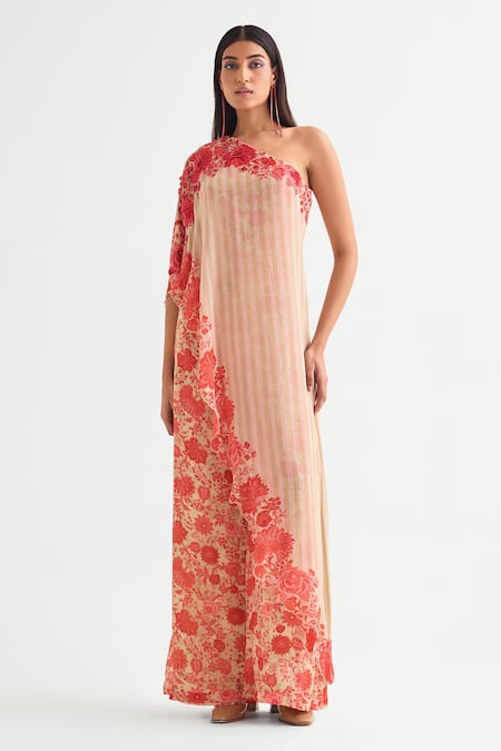 Namrata Joshipura_Beige Georgette Sequins One Shoulder Floral Print Jumpsuit _Online_at_Aza_Fashions